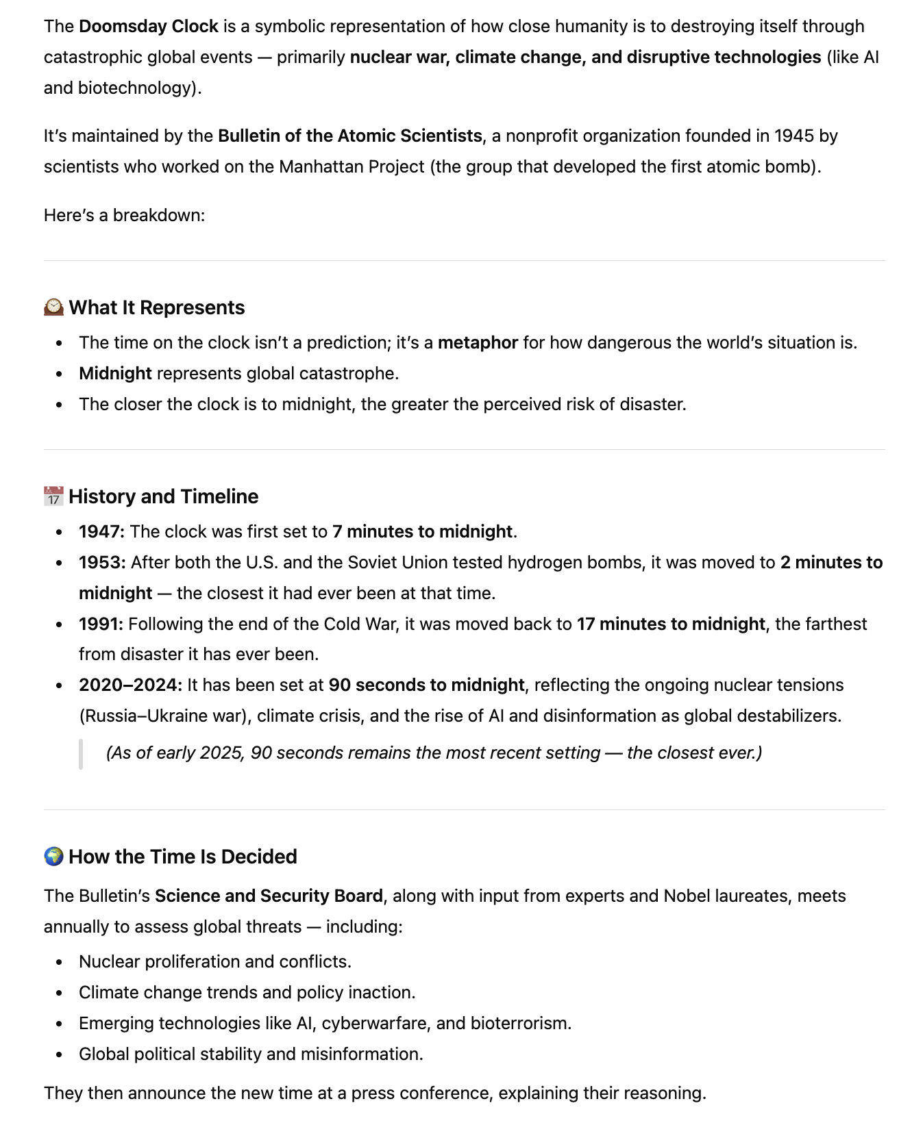 ChatGPT conversation image regarding doomsday clock