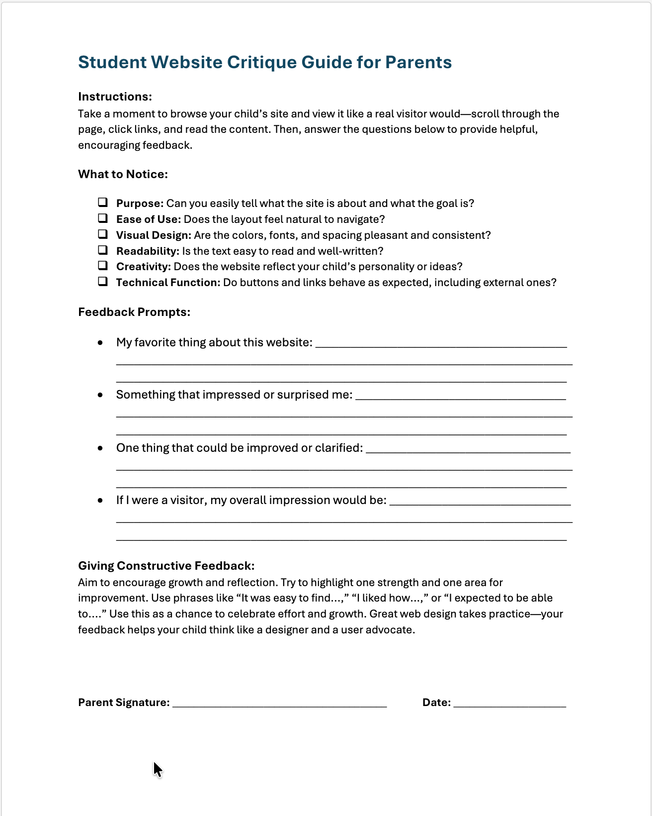 Parents Critique Guide